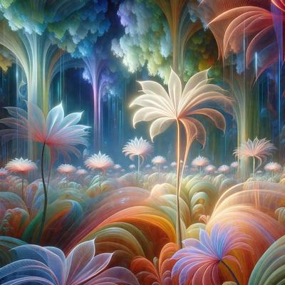 The primary subject of the image is a vibrant and colorful flower garden. The setting is a lush, colorful forest with trees and flowers. The visual style is a digital art or illustration, creating a whimsical and imaginative atmosphere. The dominant colors are bright and varied, with a mix of pinks, yellows, and greens. The overall mood is one of joy, creativity, and natural beauty.